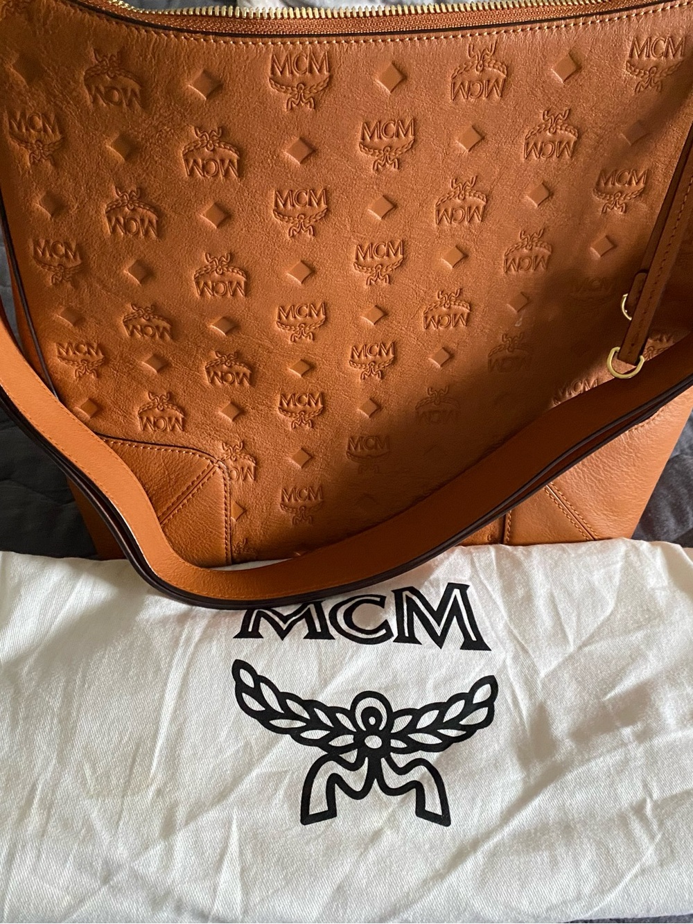 MCM Cognac Embossed Visetos Leather Shoulder Tote
